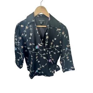 Vintage ANNE CARSON Pure Silk Floral Embroidered‎ Wrap 3/4 Sleeve Blouse Sz  L